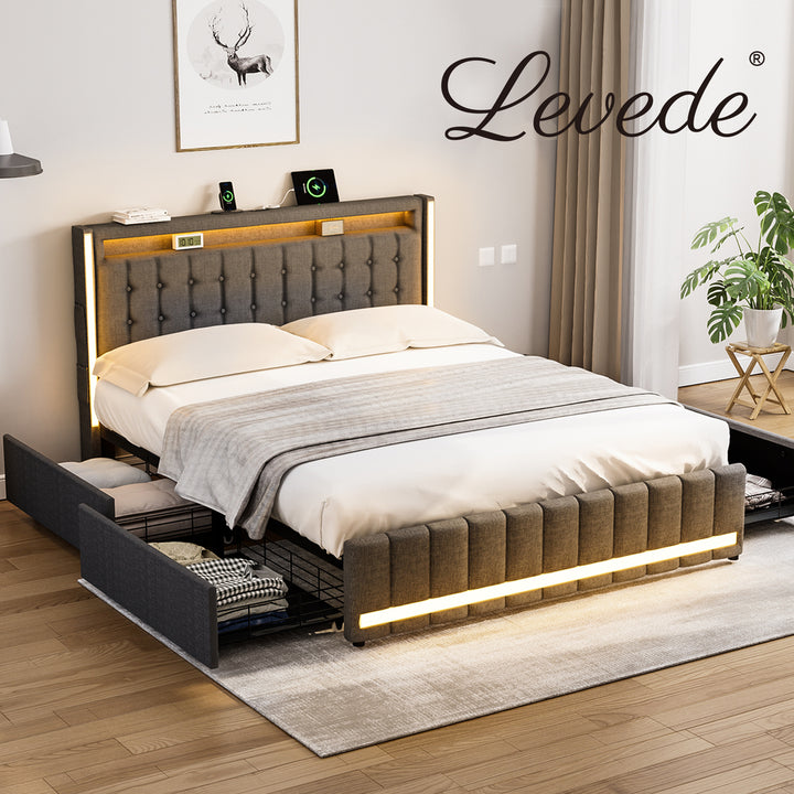 Levede Double Solid Bed Frame Headboard RGB LED Lights 4 Drawer USB Charge