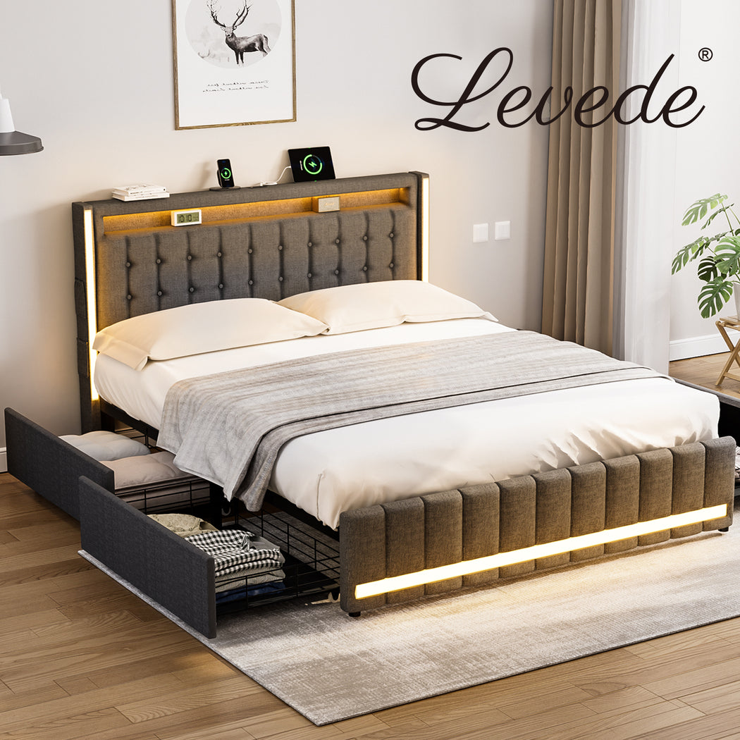 Levede Queen Solid Bed Frame Headboard RGB LED Lights 4 Drawer USB Charge