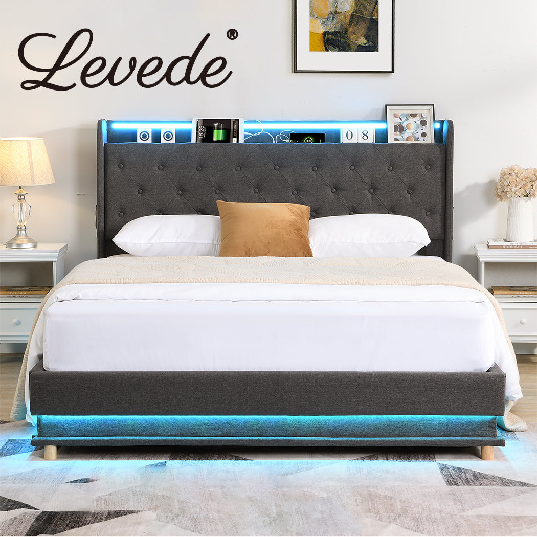 Levede Bed Frame LED Light Gas Lift Storage Headboard USB Charging - Levede