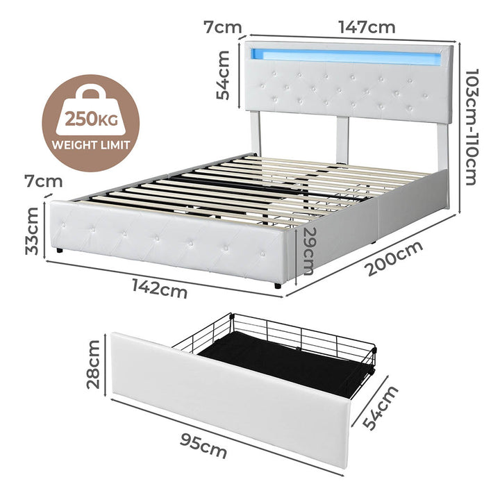 Levede Bed Frame RGB LED PU with 4 Drawers and USB Charging - Levede