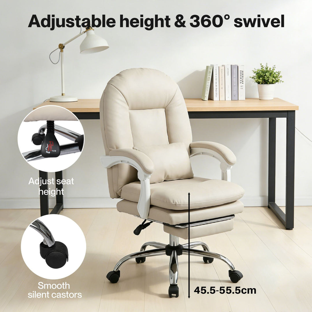 Executive Office Chair Footrest PU Leather Tilt Gaming Work Seat Beige