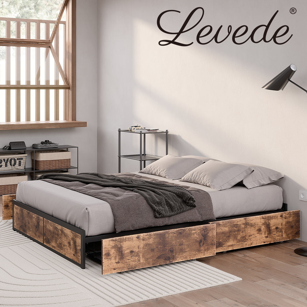 Levede Metal Bed Frame Mattress Base Platform Wooden 4 Drawers Rustic