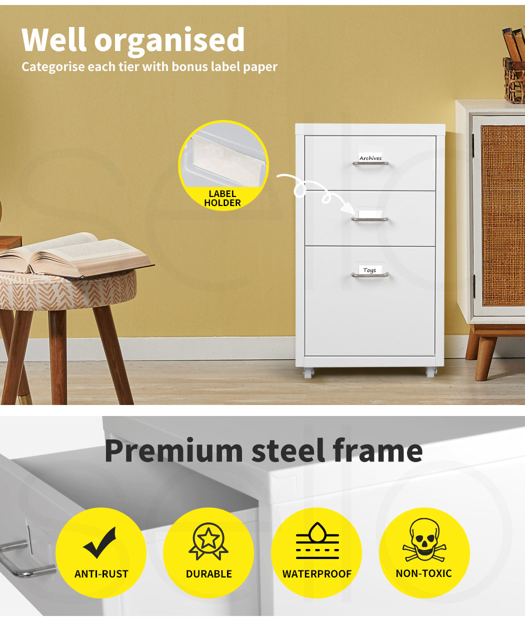White 3 Drawer Office Drawers Cabinet 