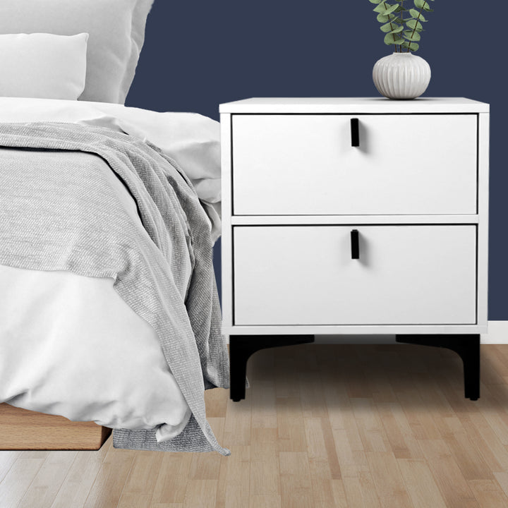 White Drawer Storage Bedside Table next to bed