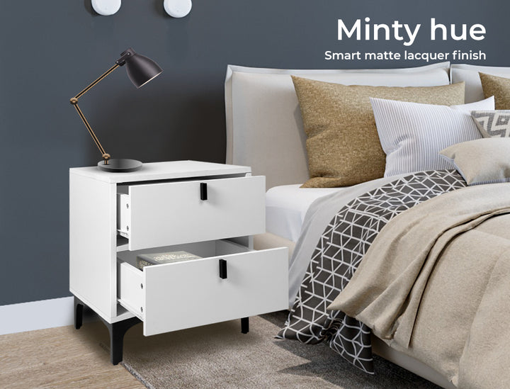 White Drawer Storage Bedside Table next to bed