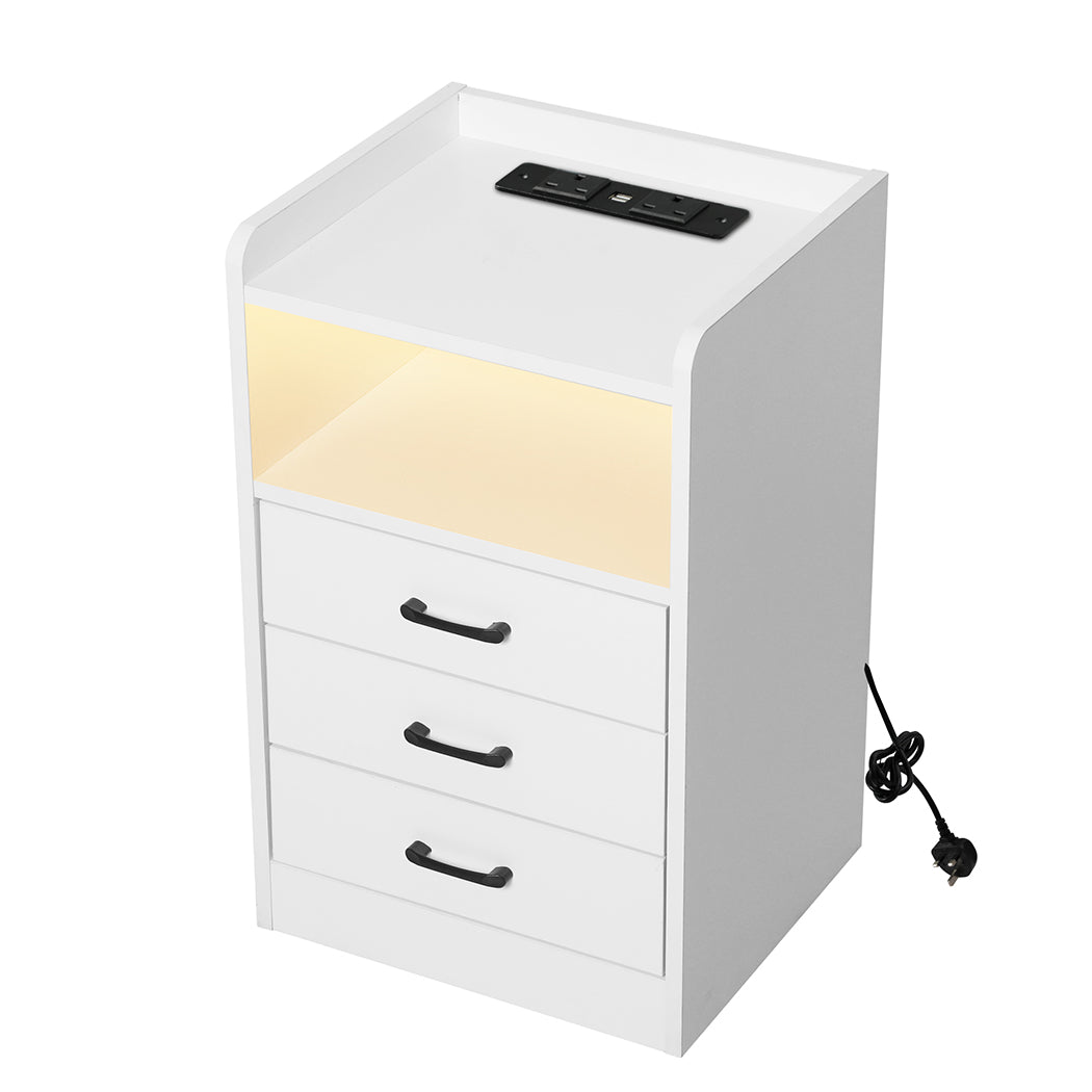White LED Bedside Table with USB, Outlets & 3 Drawers.