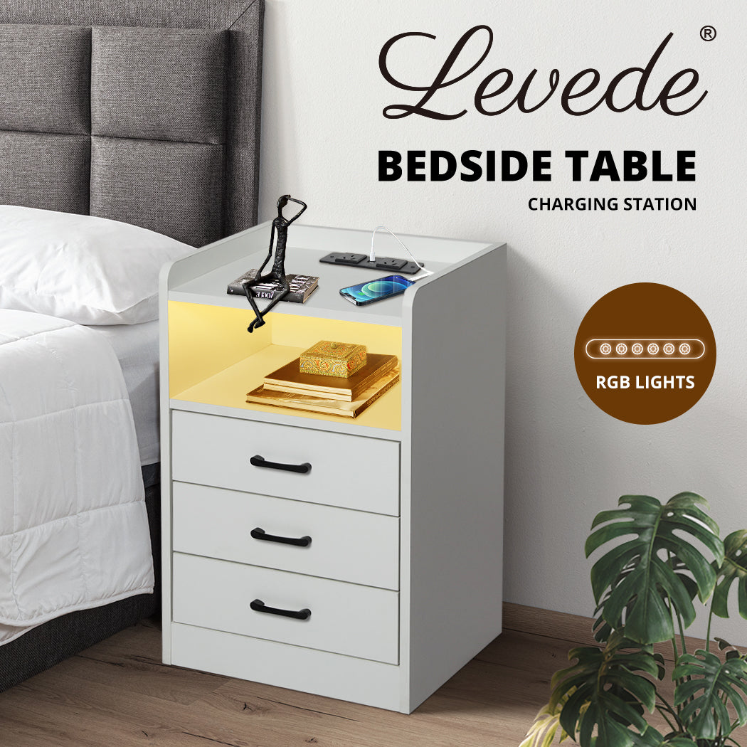 White LED Bedside Table with USB, Outlets & 3 Drawers.