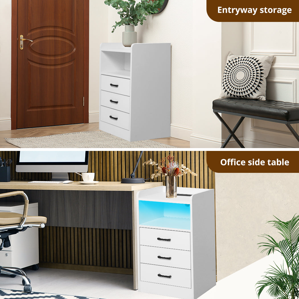 White LED Bedside Table with USB, Outlets & 3 Drawers.