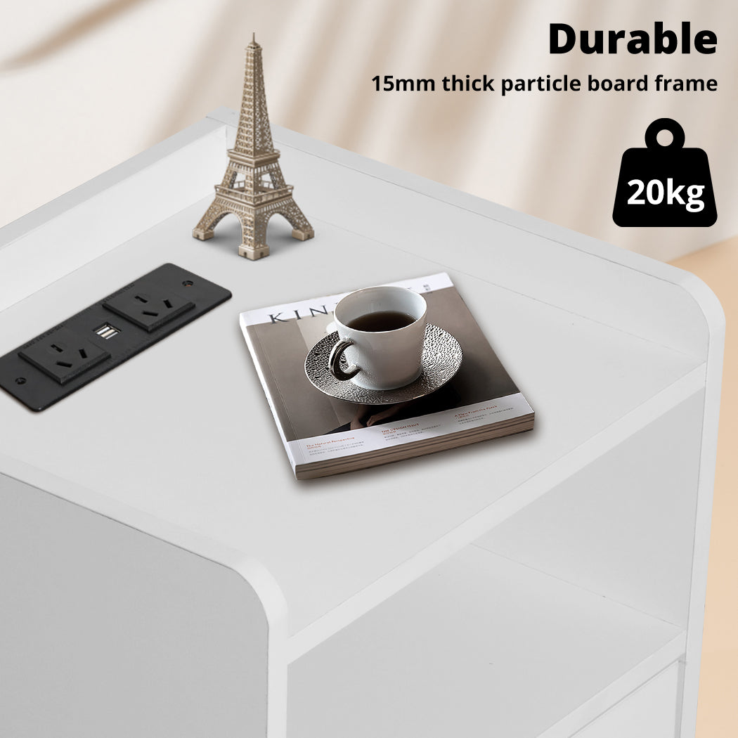White LED Bedside Table with USB, Outlets & 3 Drawers.