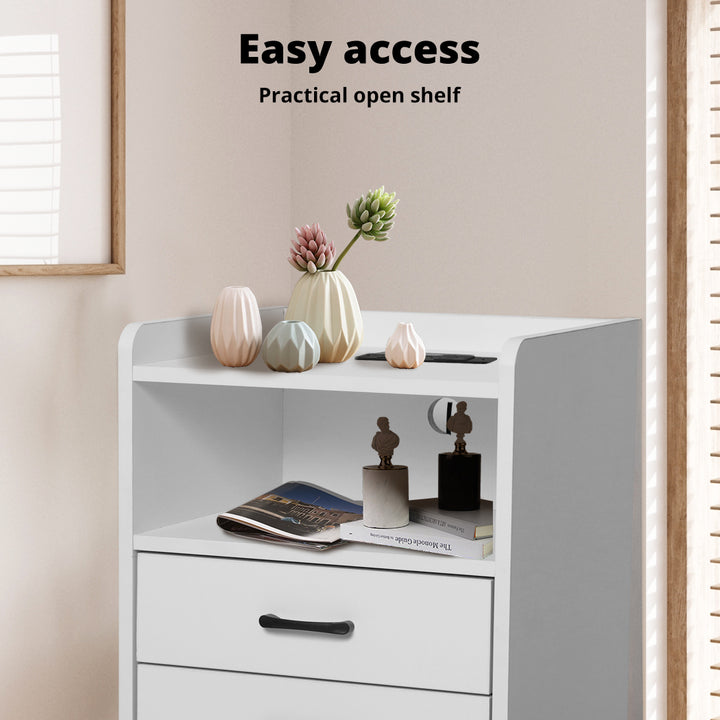 White LED Bedside Table with USB, Outlets & 3 Drawers.