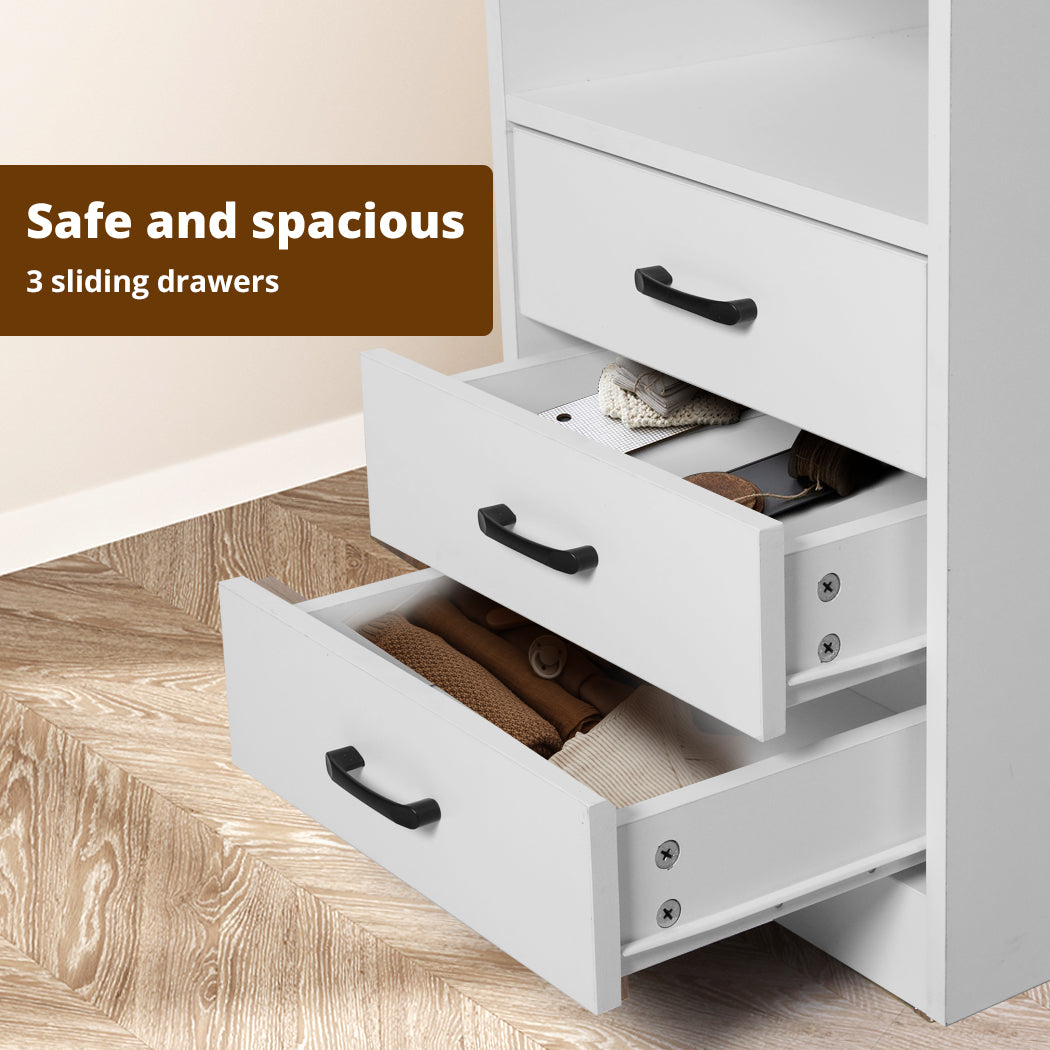 White LED Bedside Table with USB, Outlets & 3 Drawers.