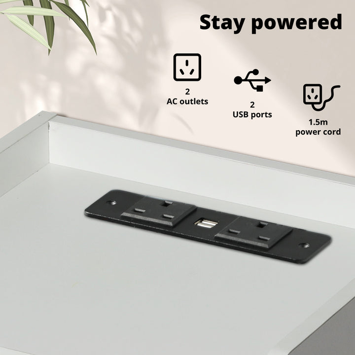 White LED Bedside Table with USB, Outlets & 3 Drawers.