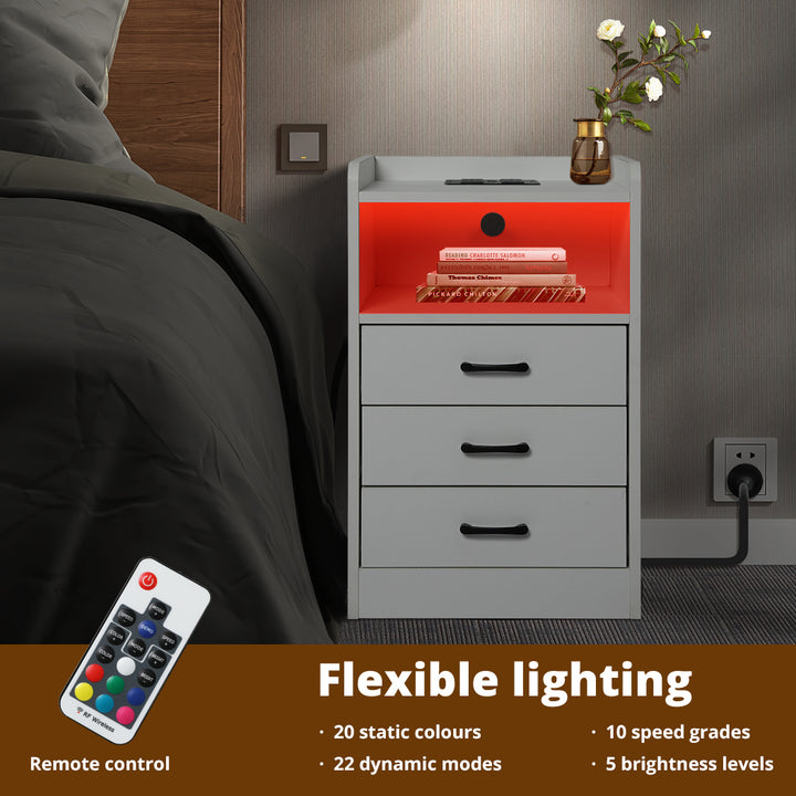 White LED Bedside Table with USB, Outlets & 3 Drawers.