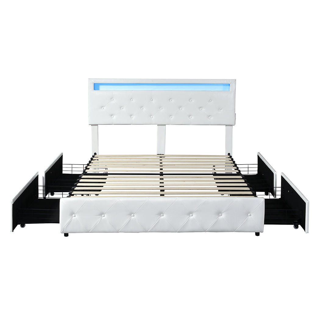 White Leather  Bed Frame With Storage