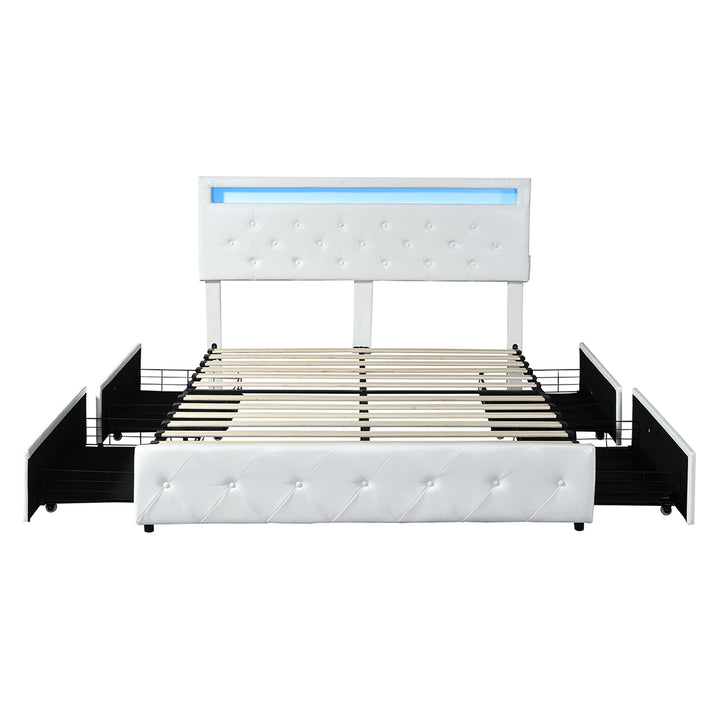 White Leather  Bed Frame With Storage