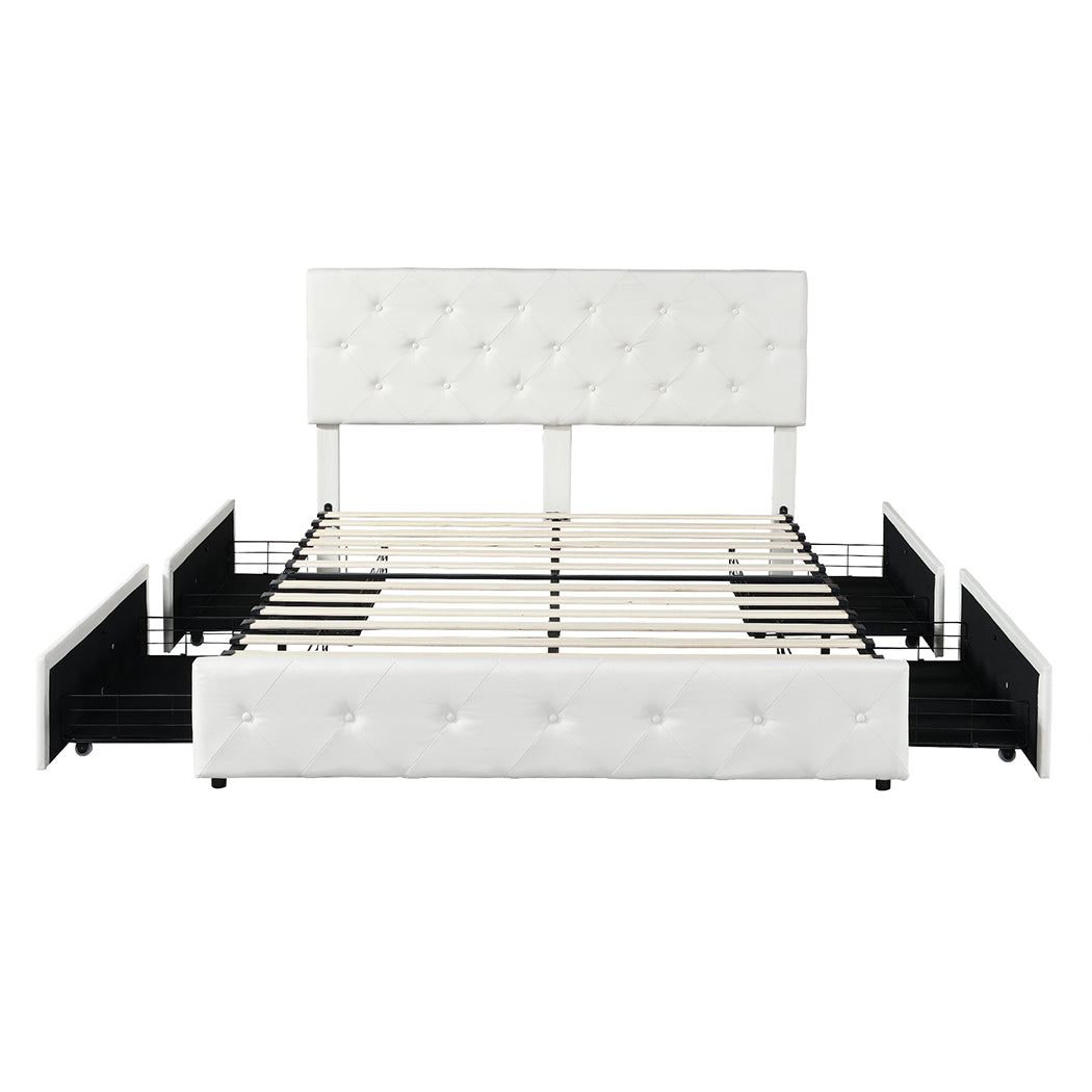 White Queen Bed Frame with Storage Drawers