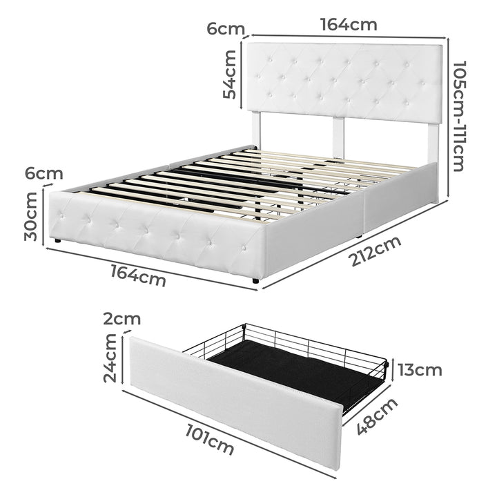 White Queen Bed Frame with Storage Drawers - Dimensions 