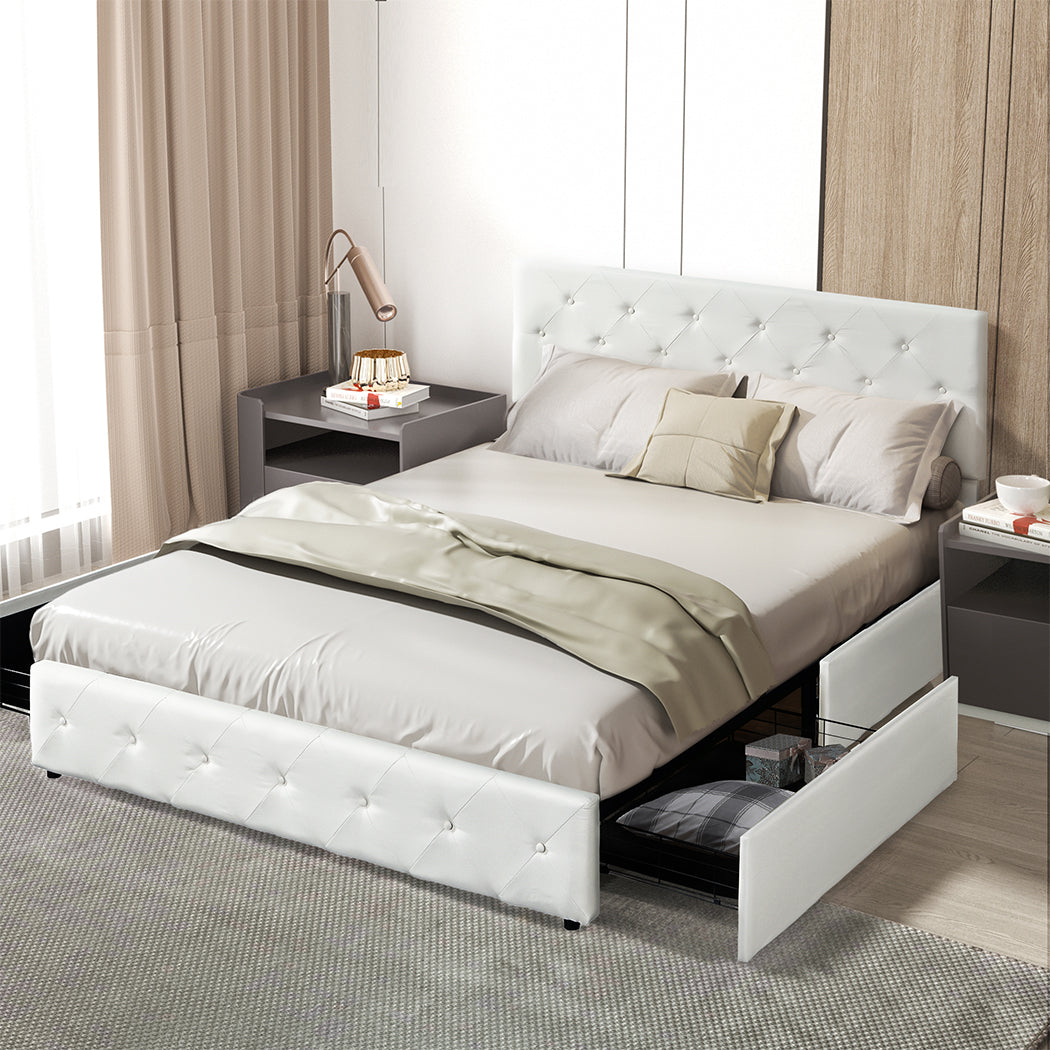 White Queen Bed Frame with Storage Drawers