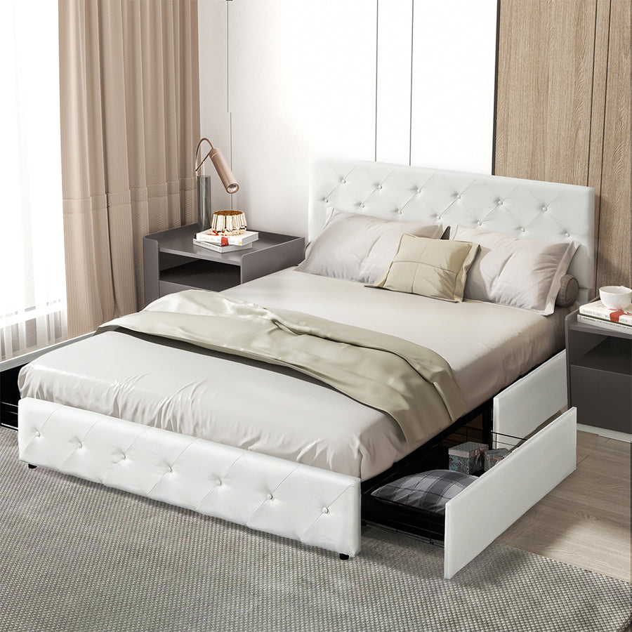 White Queen Bed Frame with Storage Drawers