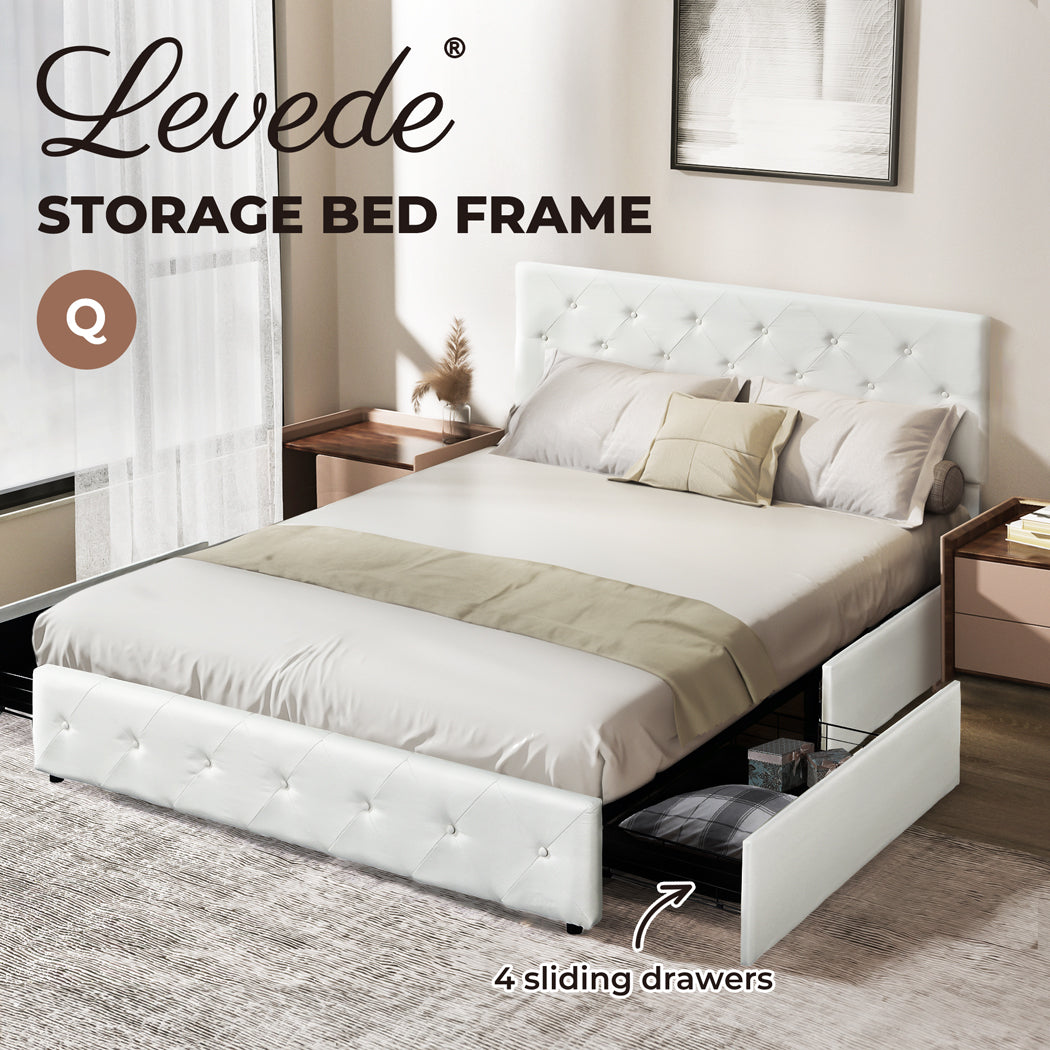 White Queen Bed Frame with Storage Drawers