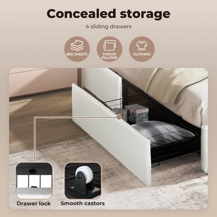 White Queen Bed Frame with Storage Drawers casters 