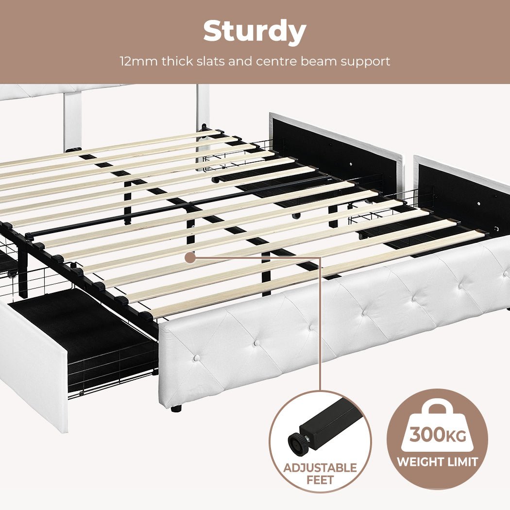 White Queen Bed Frame with Storage Drawers leg