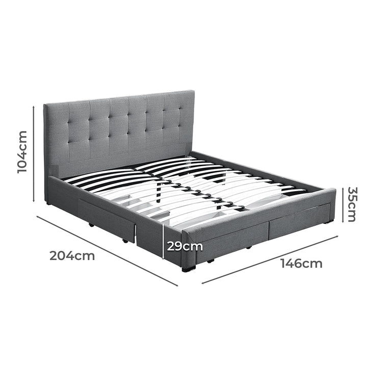 Fabric Bed Frame Double Tufted 4 Drawers Storage Wooden Mattress Grey
