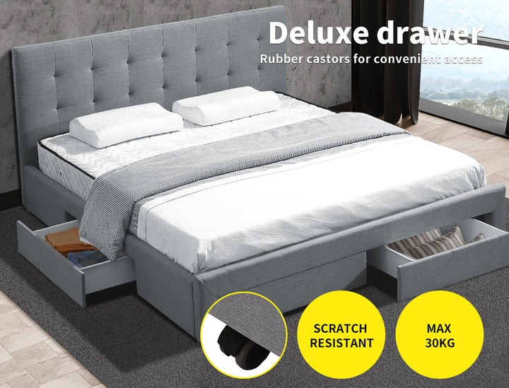 Fabric Bed Frame Double Tufted 4 Drawers Storage Wooden Mattress Grey