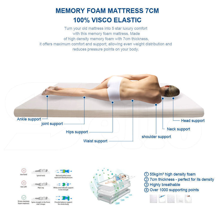 DreamZ 7cm Memory Foam Bed Mattress - Levede