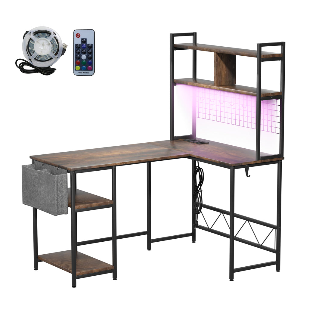 Levede L Shaped Gaming Desk with LED Lights Brown - Levede