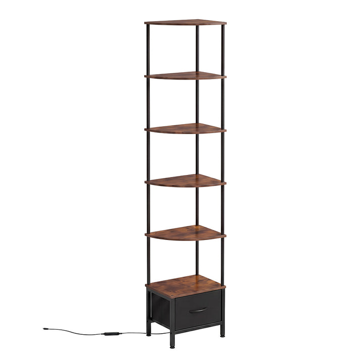 Corner Bookshelf Corner Shelf Unit 6-Tier with LED Light Drawer Brown