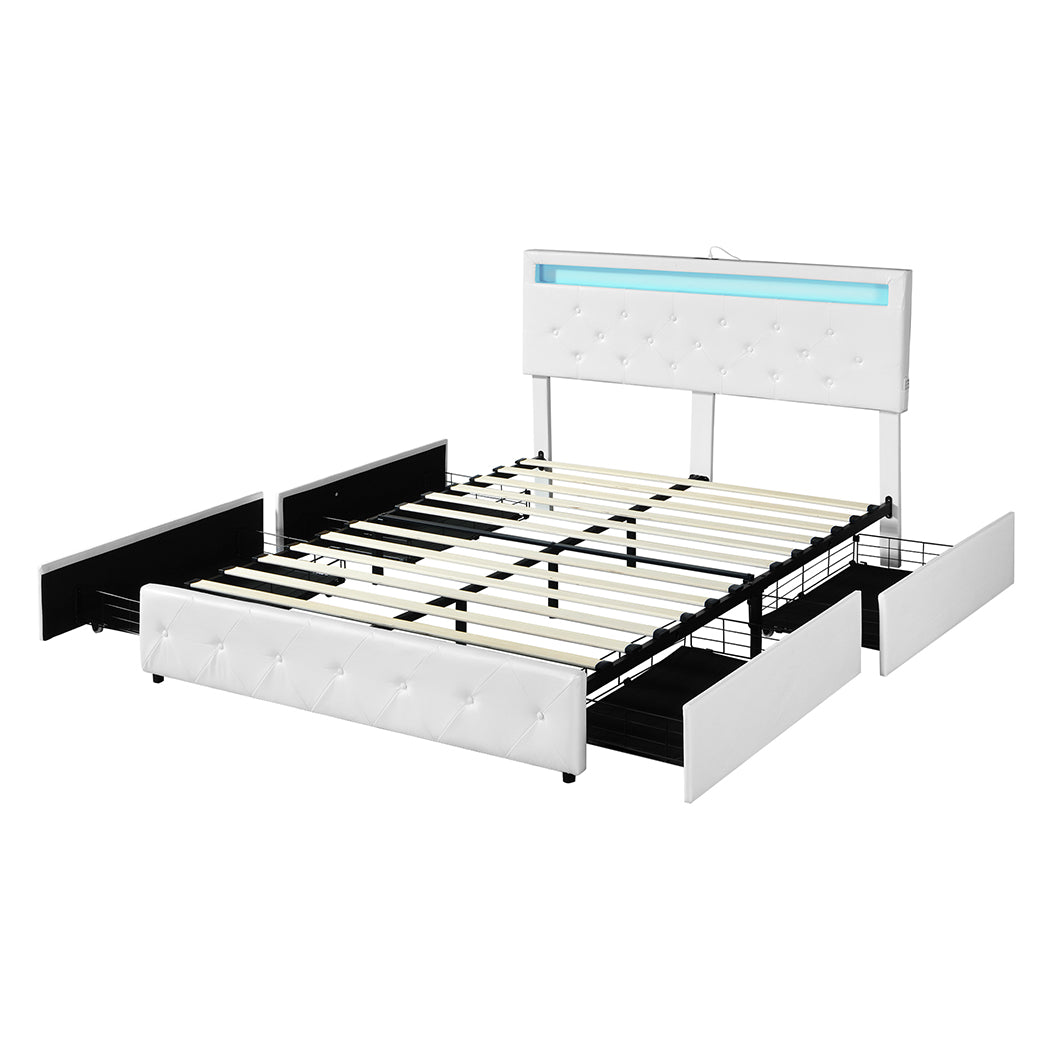 Levede Bed Frame RGB LED PU with 4 Drawers and USB Charging - Levede