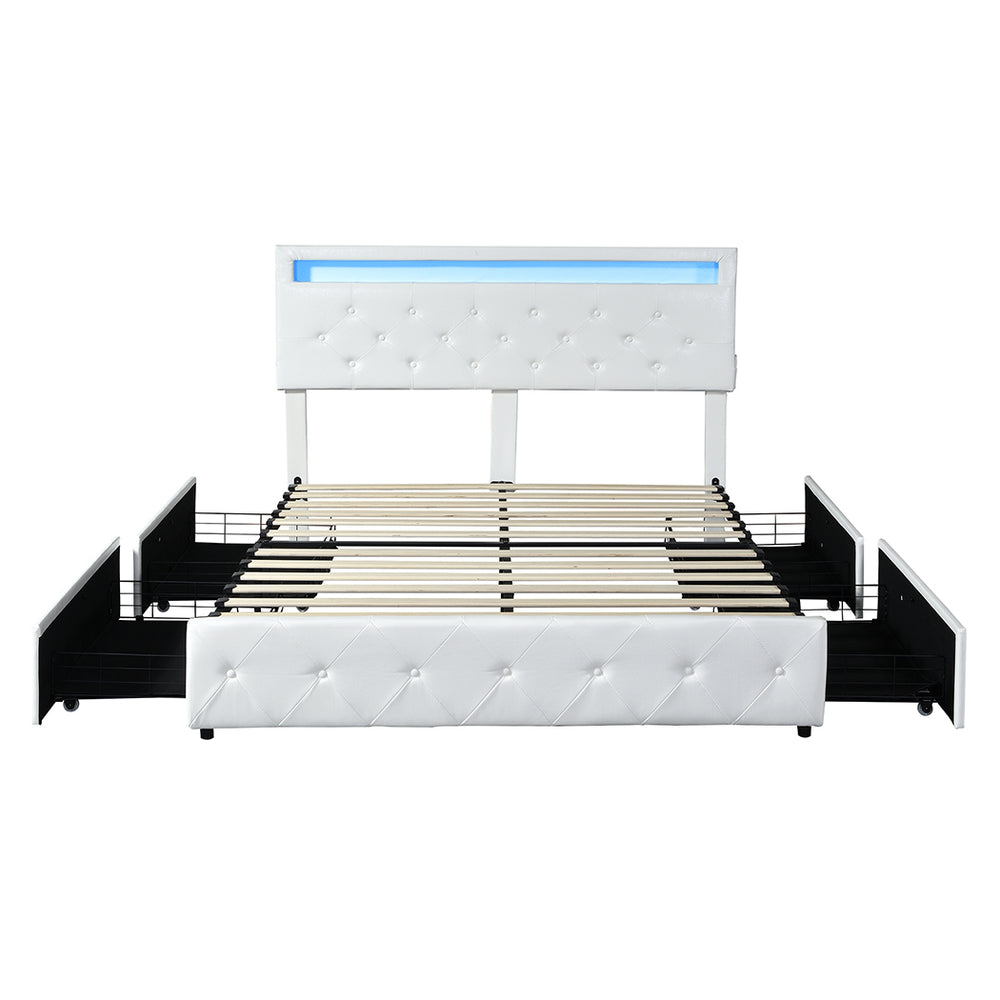 Levede Bed Frame RGB LED PU with 4 Drawers and USB Charging - Levede