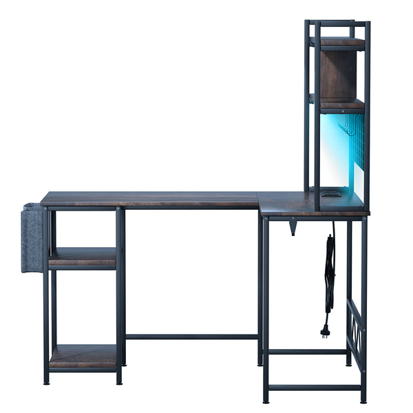 L Shaped Gaming Desk with LED Lights Brown.