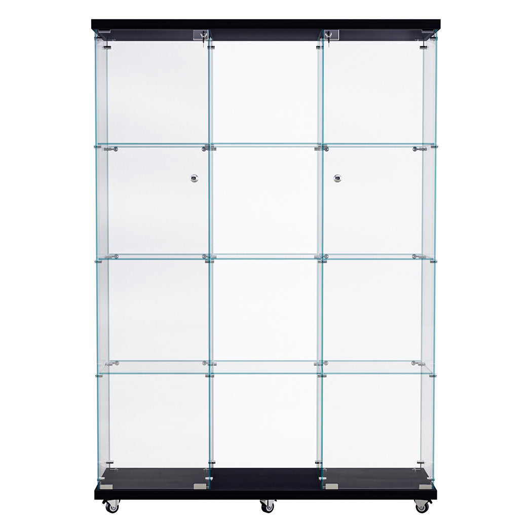 Glass Display Cabinet 4 Tier Lockable Wheeled Key Showcase Storage 169cm