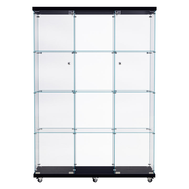 Glass Display Cabinet 4 Tier Lockable Wheeled Key Showcase Storage 169cm