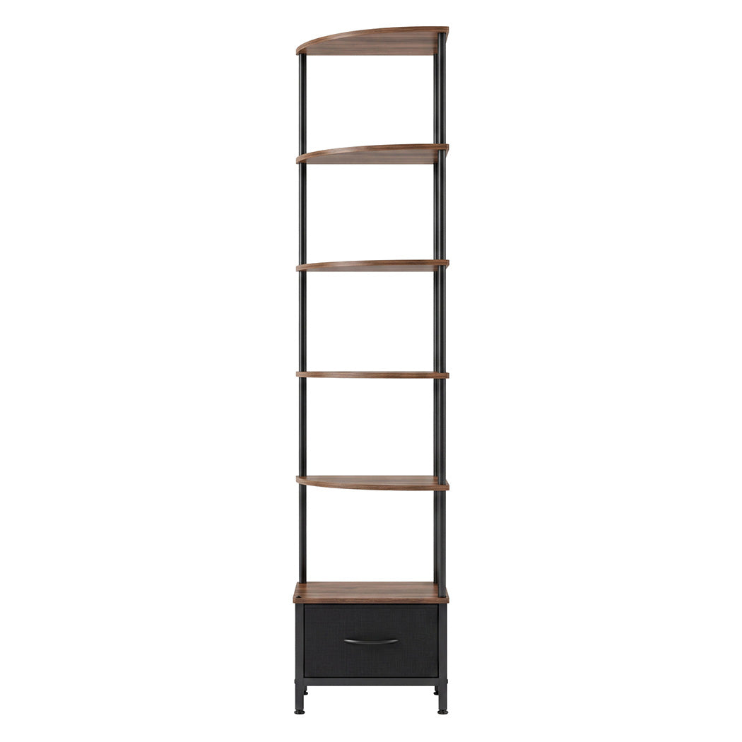 Corner Bookshelf Corner Shelf Unit 6-Tier with LED Light Drawer Brown