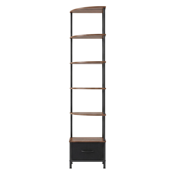 Corner Bookshelf Corner Shelf Unit 6-Tier with LED Light Drawer Brown
