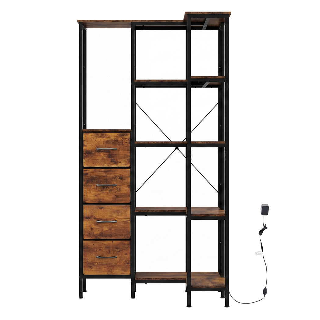 Corner Bookshelf with 4 Fabric Drawers & LED Light 5 Tier Bedroom Rustic