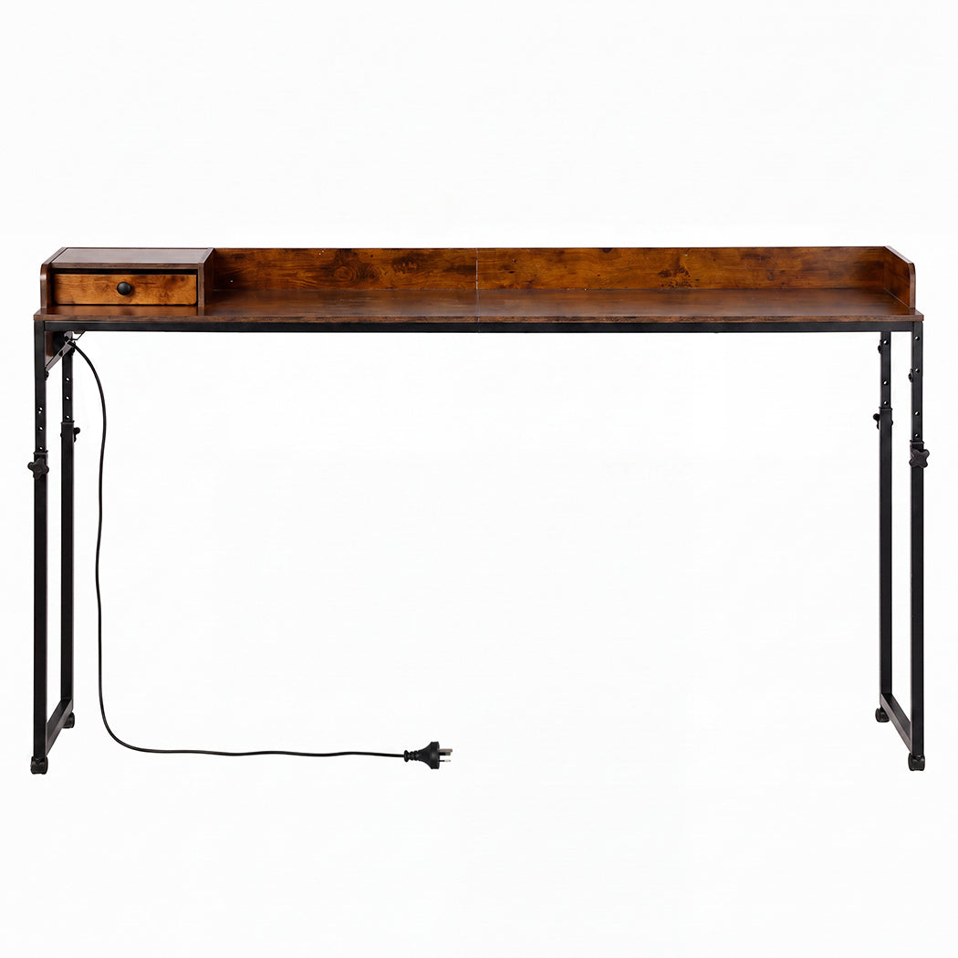 Overbed Table 180cm 84-109cm Mobile with Charging Station Bedroom Brown