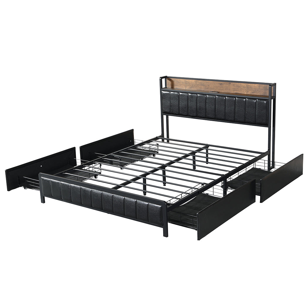 Levede Queen Bed Frame PU 4 Drawer USB Charge - Levede