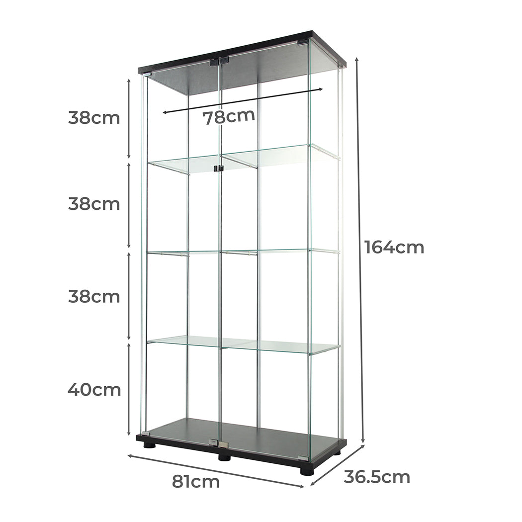 164cm Glass Display Cabinet Collections Storage 4 Tier Shelves 2 Doors