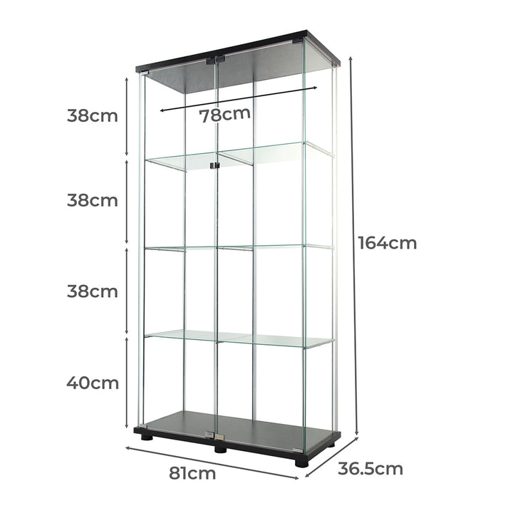 164cm Glass Display Cabinet Collections Storage 4 Tier Shelves 2 Doors