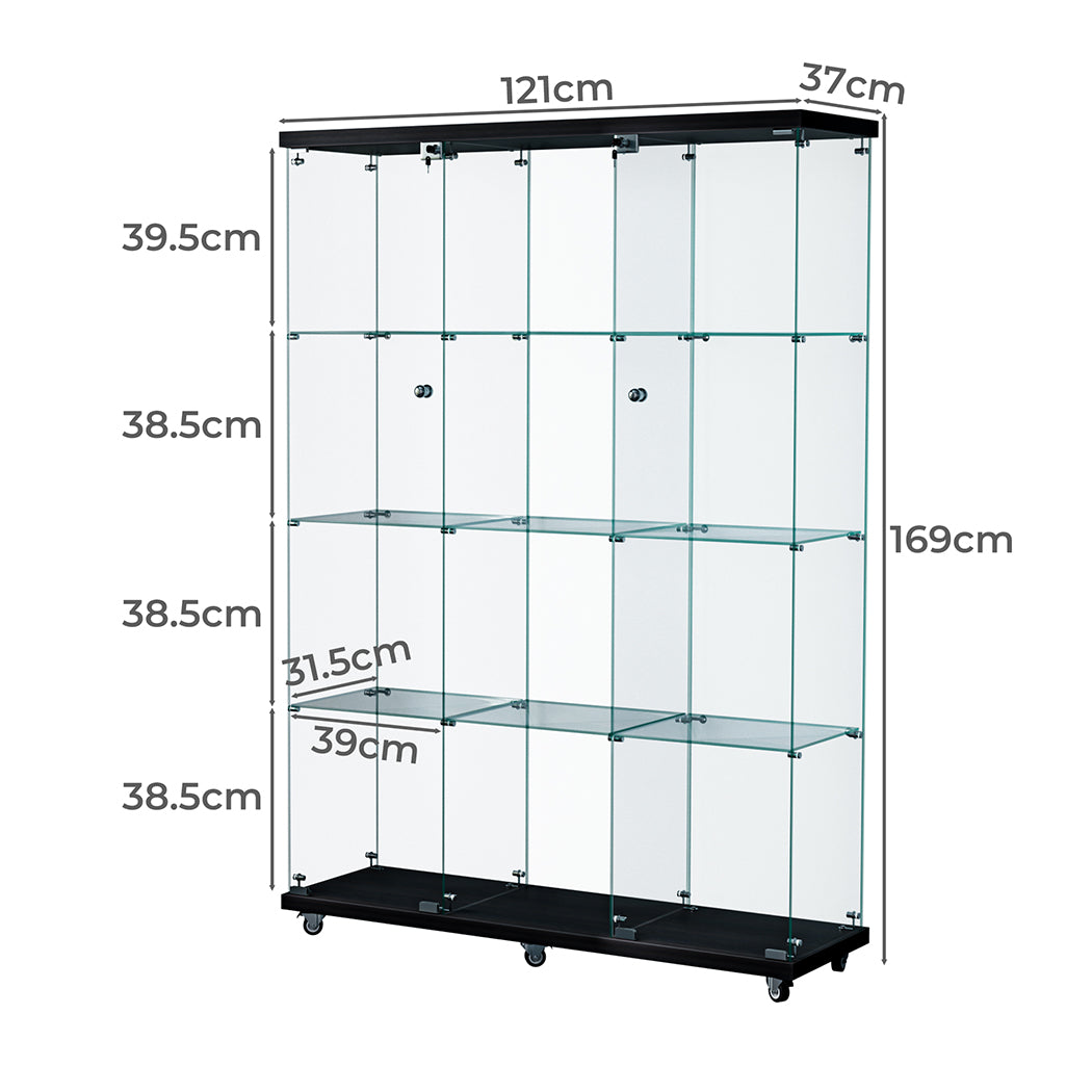 Glass Display Cabinet 4 Tier Lockable Wheeled Key Showcase Storage 169cm