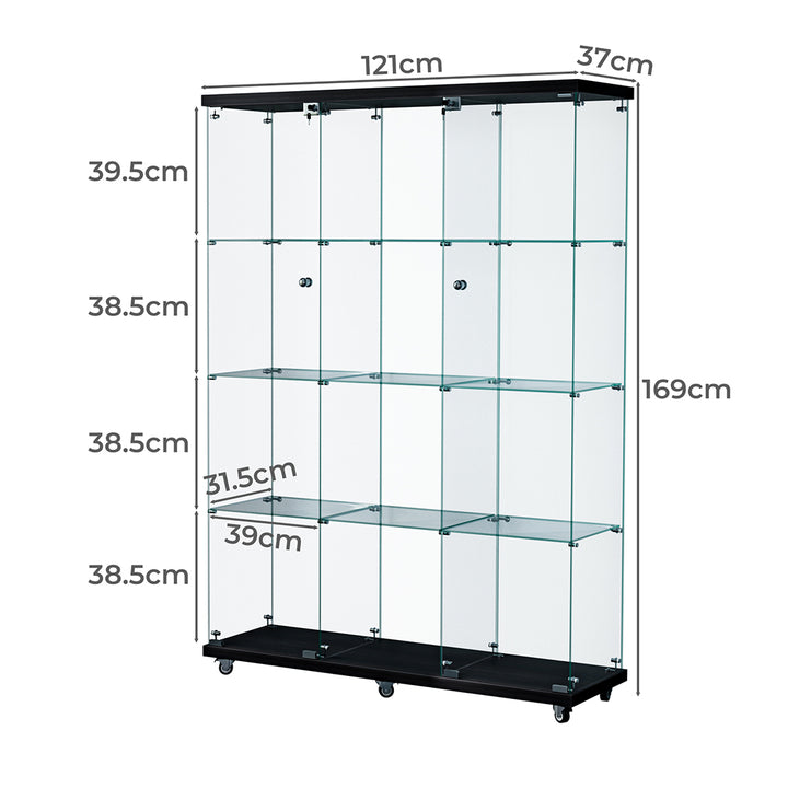 Glass Display Cabinet 4 Tier Lockable Wheeled Key Showcase Storage 169cm