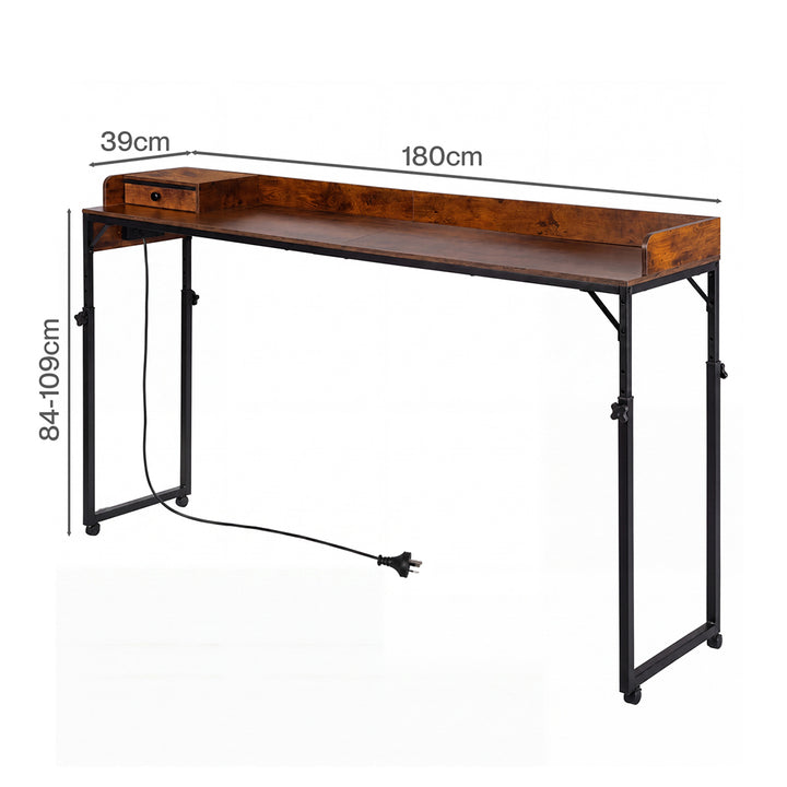 Overbed Table 180cm 84-109cm Mobile with Charging Station Bedroom Brown
