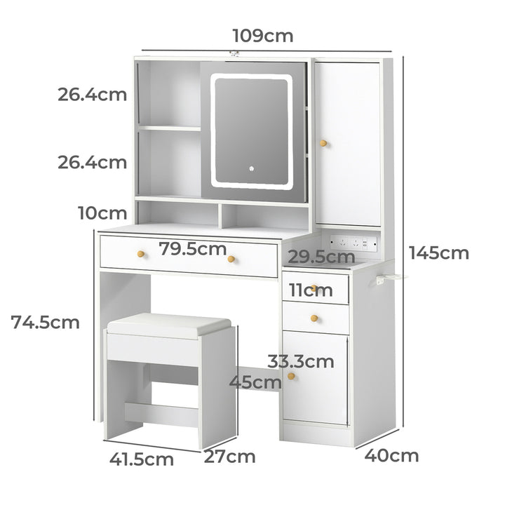 Dressing Table Stool Set with Mirror Led Makeup Vanity Desk Drawers White