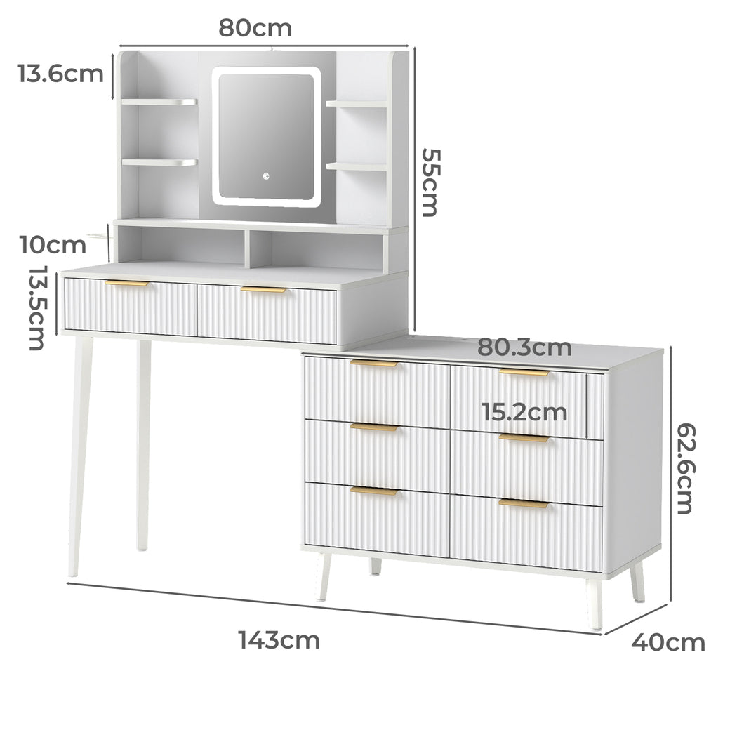 Dressing Table LED Mirror Jewellery Cabinet Makeup Storage 8 Drawers