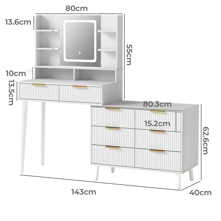 Dressing Table LED Mirror Jewellery Cabinet Makeup Storage 8 Drawers