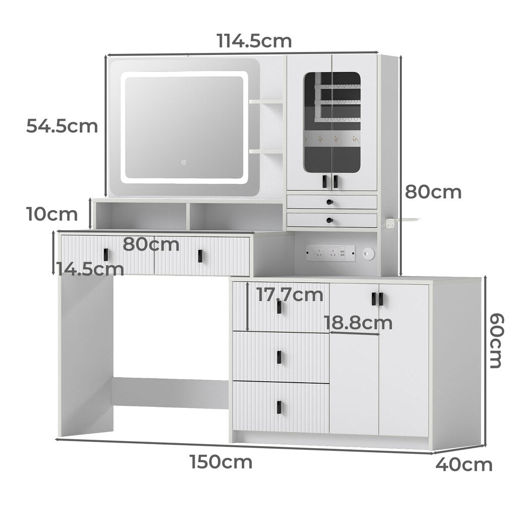 150cm Vanity Table Touchscreen Mirror LED Jewelry Cabinet 7 Drawers White